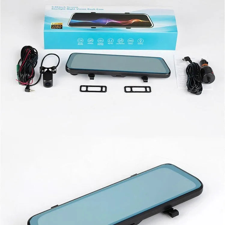 10-inch full screen car dash cam with front and rear cameras on a car dashboard