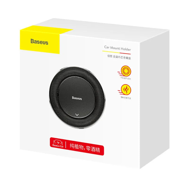 Round aluminium alloy car fragrance diffuser in black, red, or silver with aromatherapy tablets.