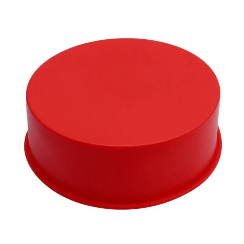 Red silicone round cake baking mould showing three size options: 8-inch, 6-inch and 4-inch
