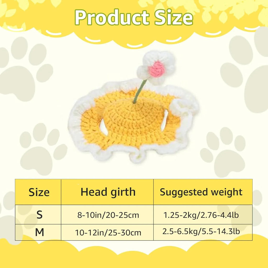 Soft knitted cartoon design hat for a cat or small dog on a mannequin head, shown in green.