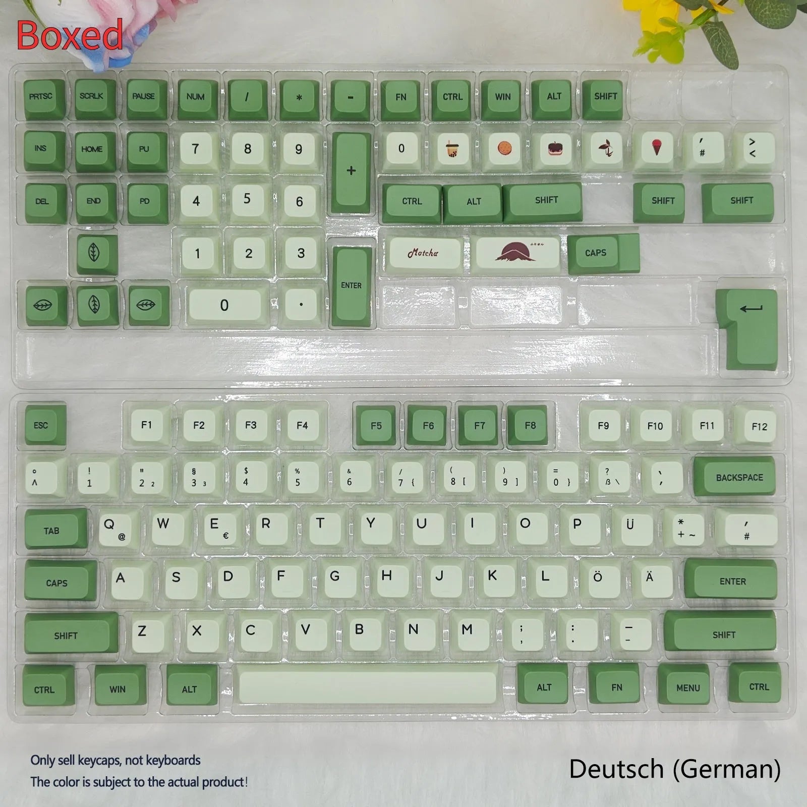 124-key Matcha green PBT keycap set for a mechanical keyboard, showing multiple language layout options.