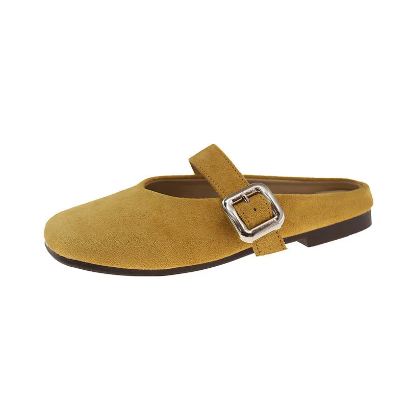Women's flat closed-toe half slipper in a choice of colours, showing square toe and rubber sole.