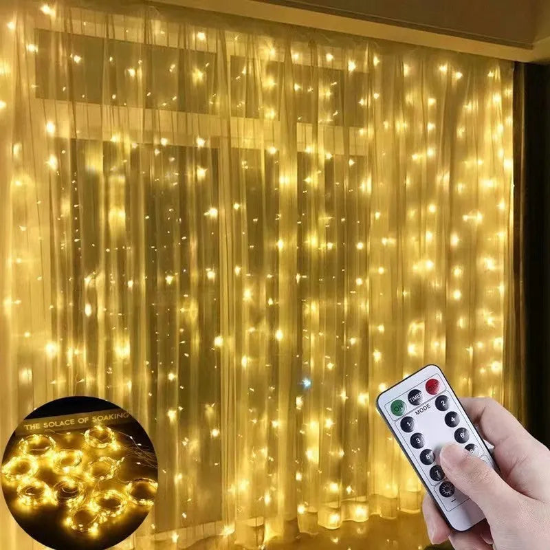 Mains-powered outdoor curtain lighting chain with 300 warm colour lights on copper wire, flower-shaped, for Christmas decoration