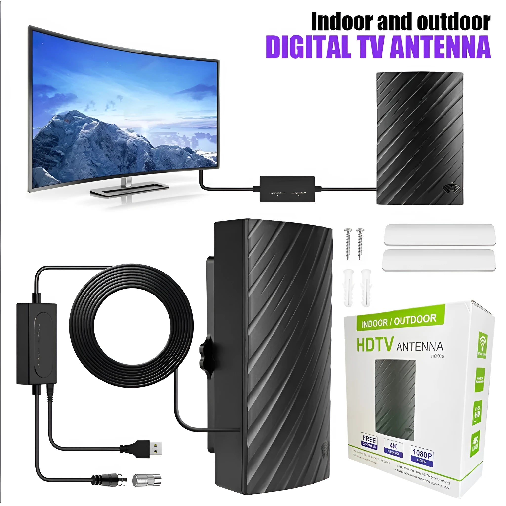 Black plastic digital television antenna with mounting accessories including screws and adhesive tape
