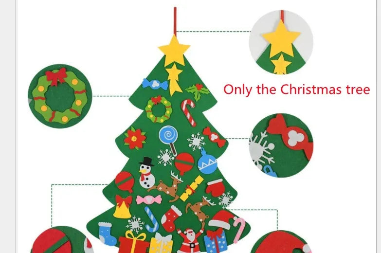 Green DIY felt Christmas tree with fairy lights and ornaments on a white wall with decorations attached