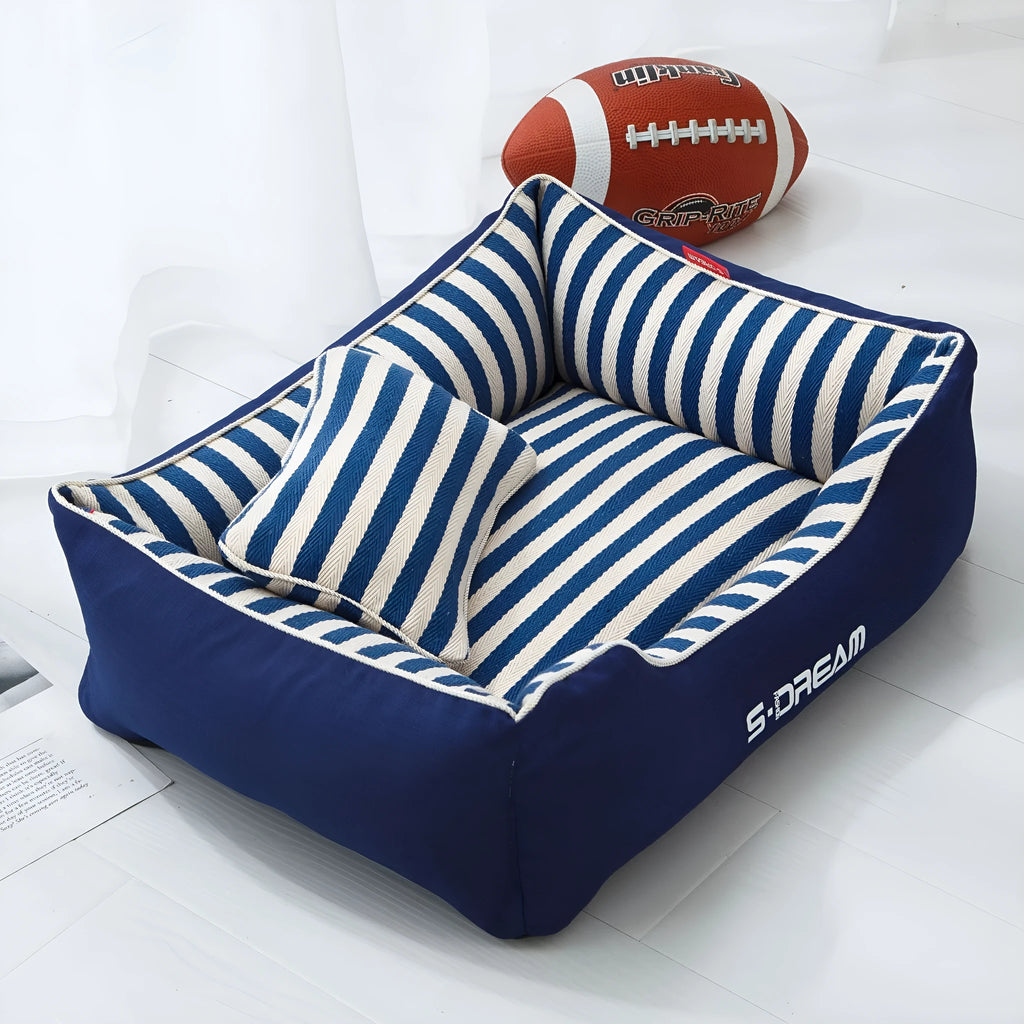 Navy stripes dog kennel mat and fabric pillow set in blue or red, shown in multiple sizes