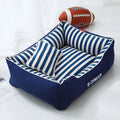 Navy stripes dog kennel mat and fabric pillow set in blue or red, shown in multiple sizes