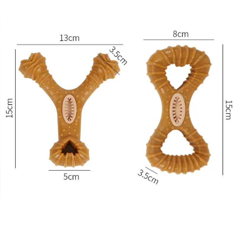 Durable rubber dog chew bone toy for teeth cleaning, shown in 8-shape and Y-shape designs.