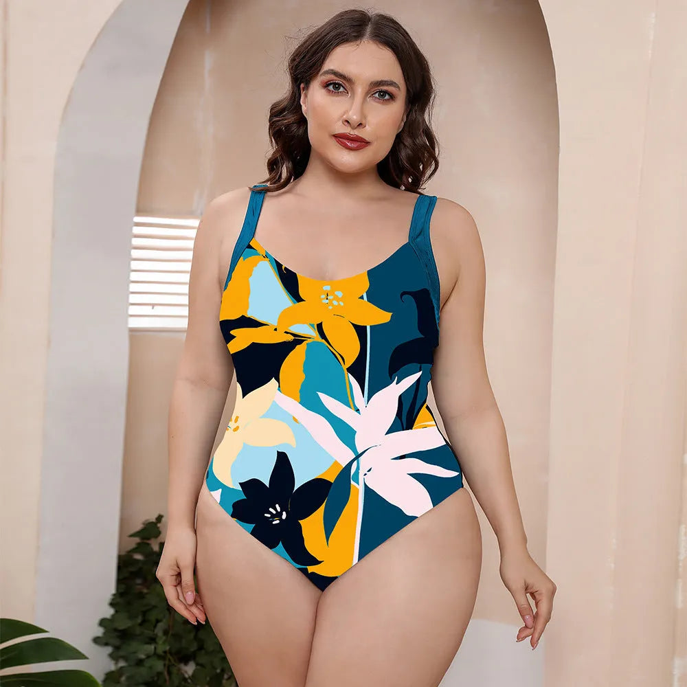 Conservative one-piece floral print swimsuit with vest top and spaghetti straps for swimming