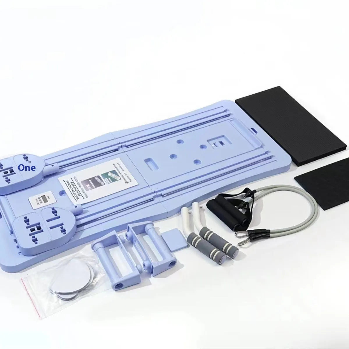 Foldable purple PP belly panel fitness equipment on a grey floor.