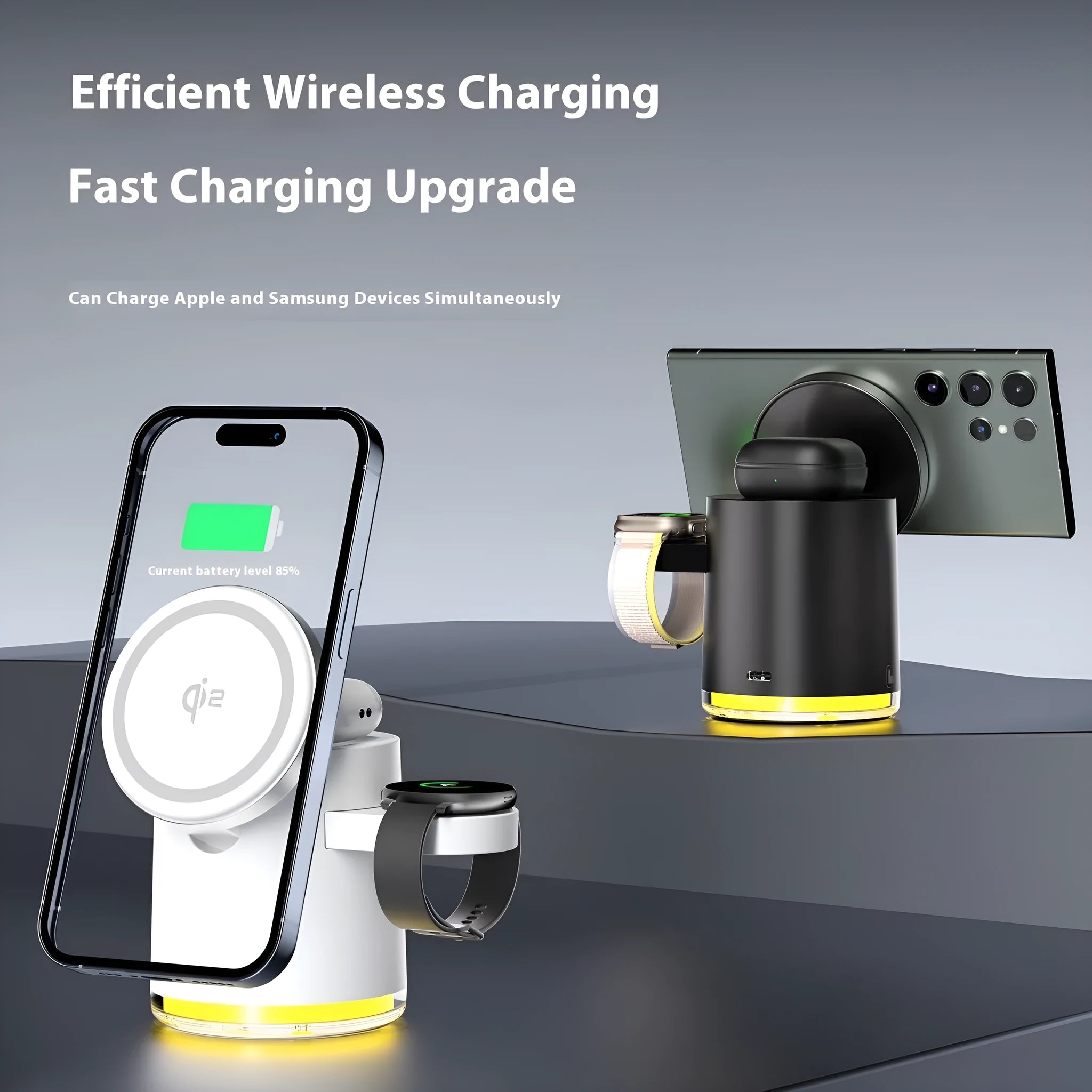 C16 portable folding three-in-one magnetic wireless charger in Black and Ivory White colours, showing phone, watch and earphone charging.