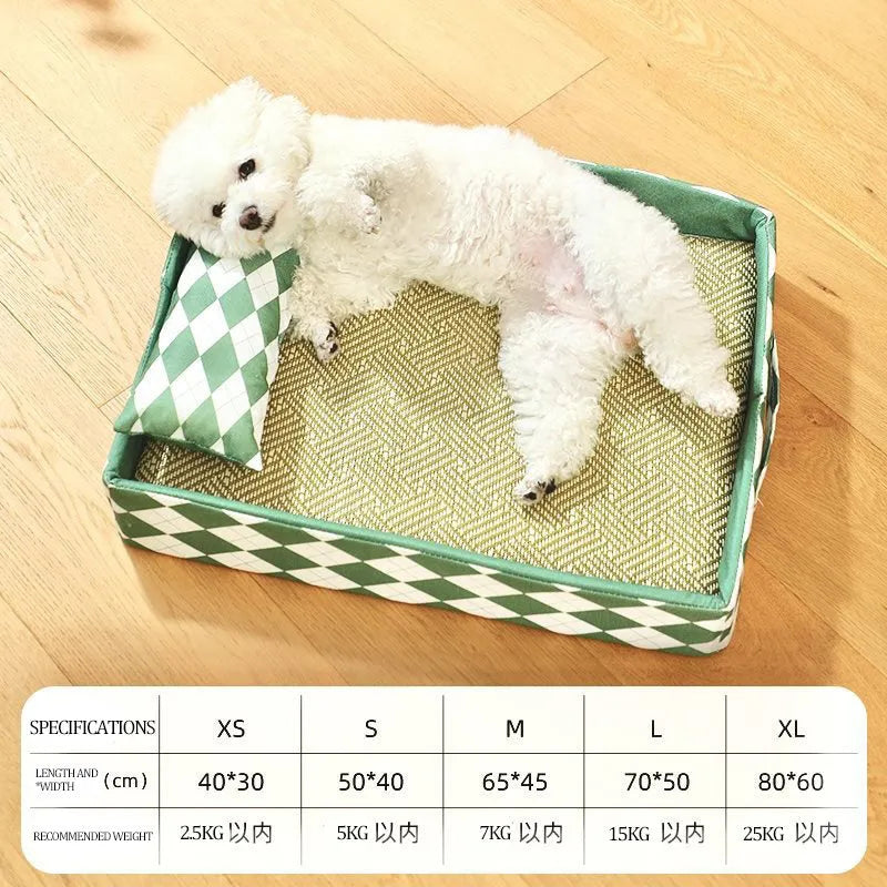Blue rattan cat litter mat serving as dual-purpose pet bed and litter containment area