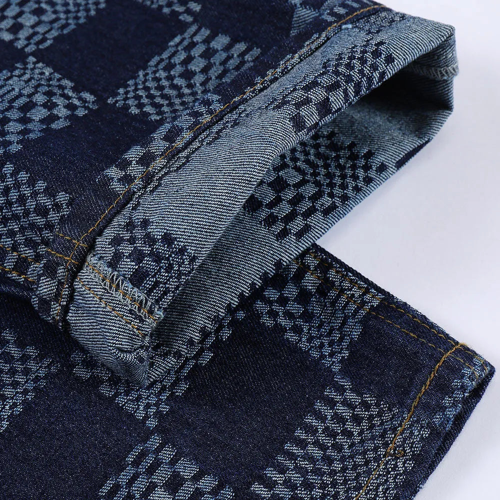 Men's black checkerboard jacquard straight loose fit cotton jeans