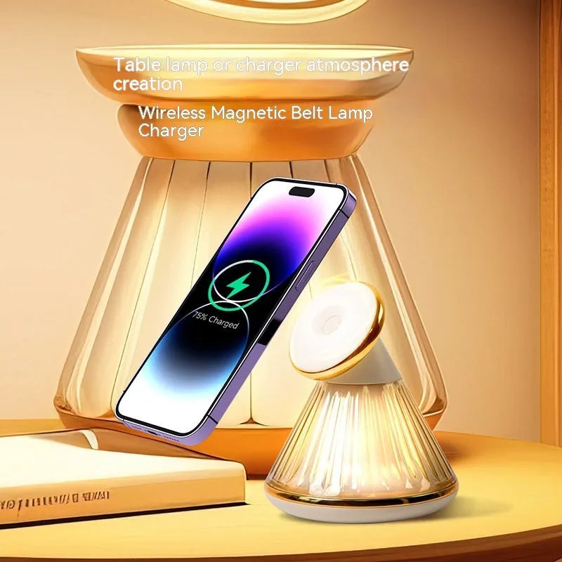 Champagne gold night table lamp with magnetic base and integrated 15W wireless charging pad
