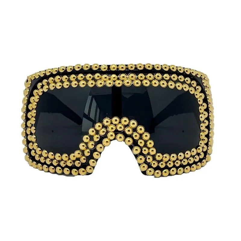 Men's large square rim punk sunglasses with rivet details in silver metal finish.