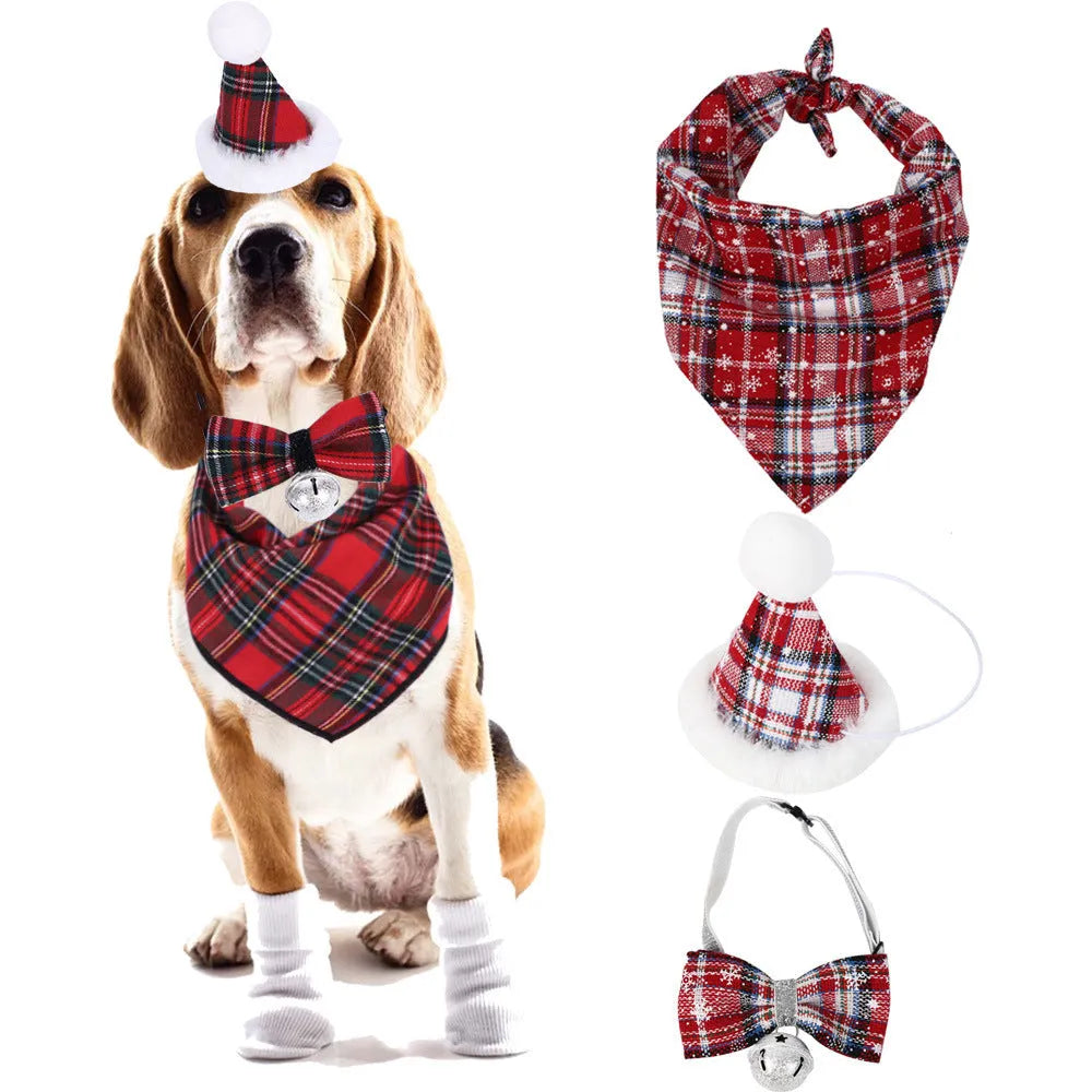 Red plaid Christmas triangle pet towel with embossed pattern, measuring 60x45cm, tied around a dog's neck.