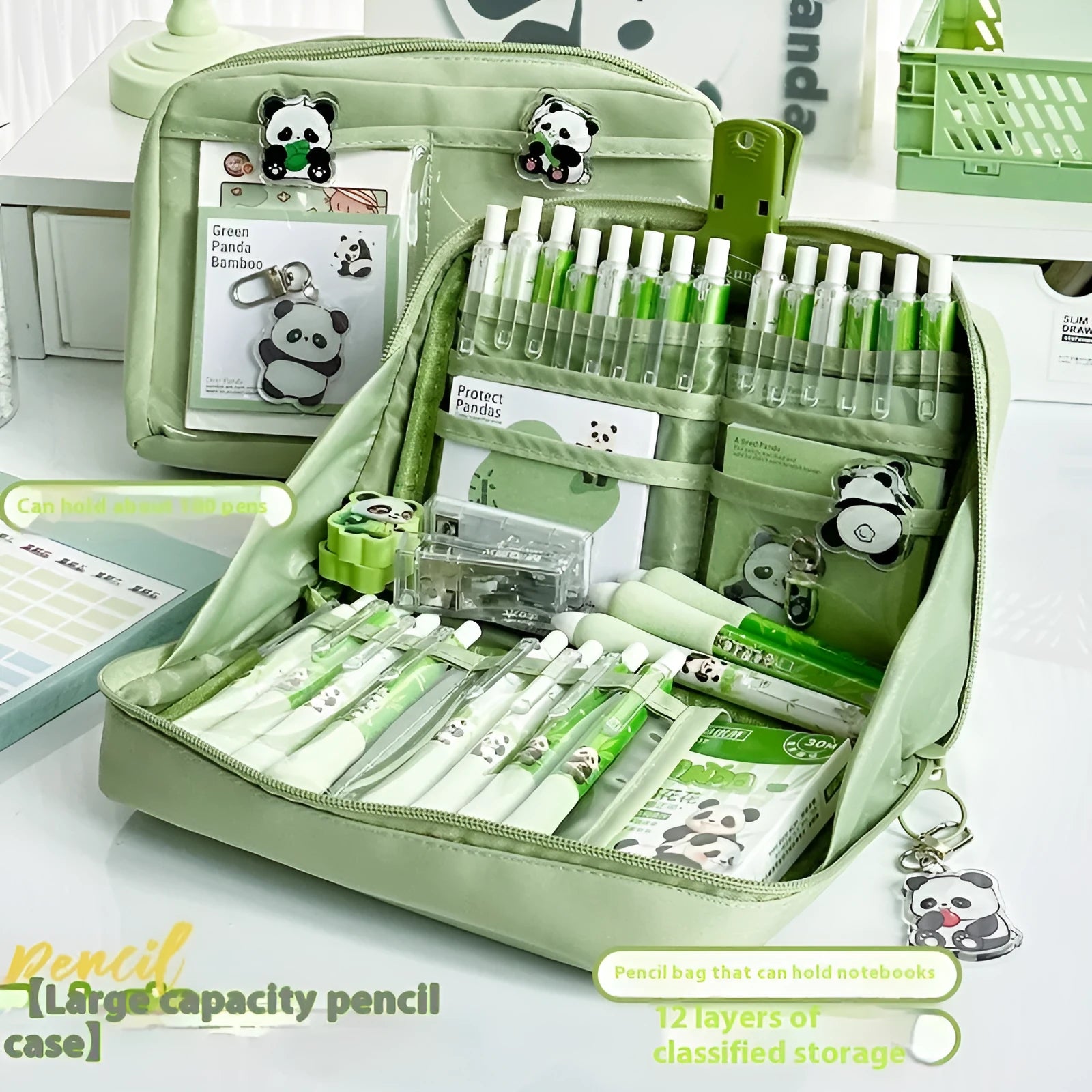 Green canvas panda pencil case with 12-layer organisation showing Korean style design