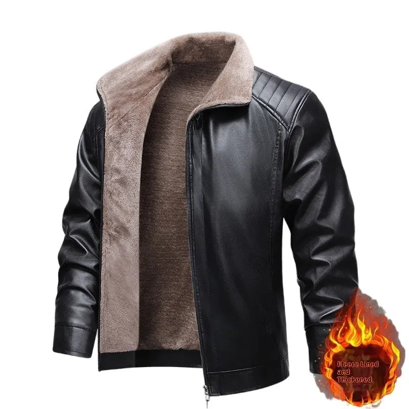 Fleece-lined real leather men's fur jacket in black, full front view, standard length, casual style