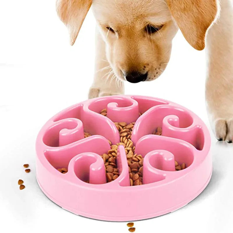 A slow feeder dog bowl with a maze pattern inside, shown in one of six available colours on a non-slip base.