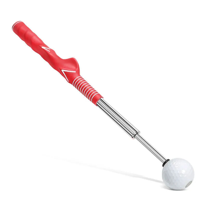 Telescopic golf swing trainer in stainless steel, shown extended for use
