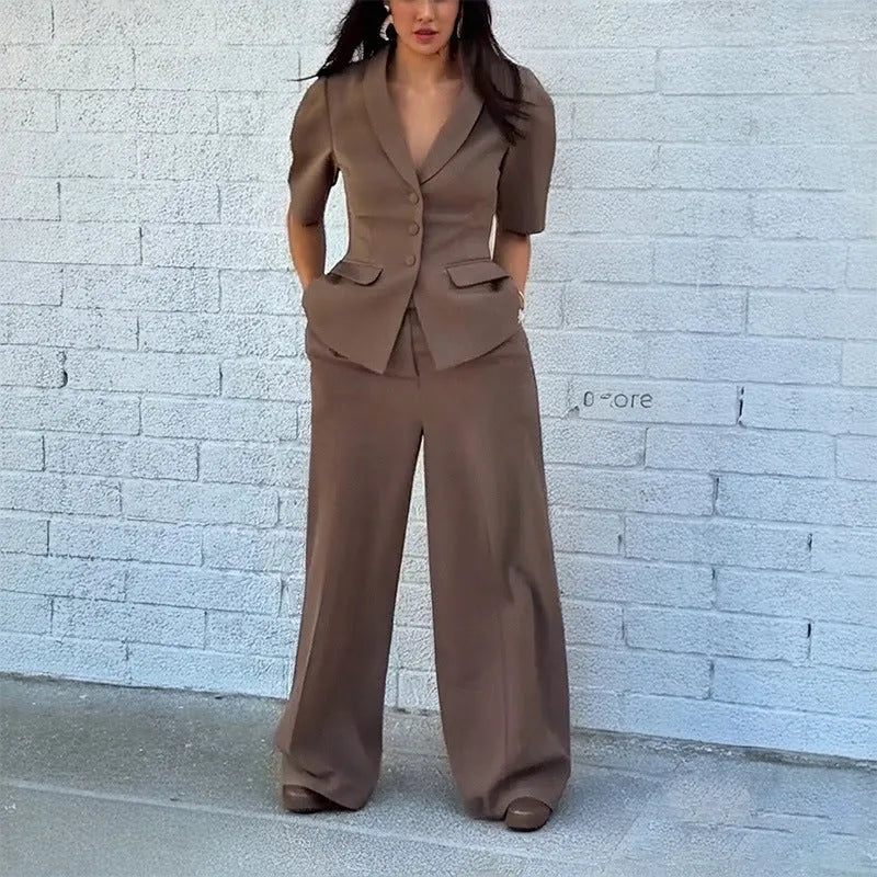 Brown men's slim fit polyester suit jacket and trousers on a hanger