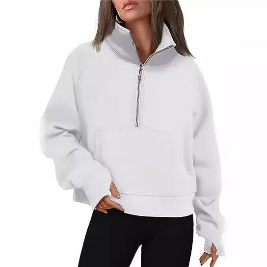 Women's loose lapel fleece-lined sweater in a solid colour showing raglan sleeve design.