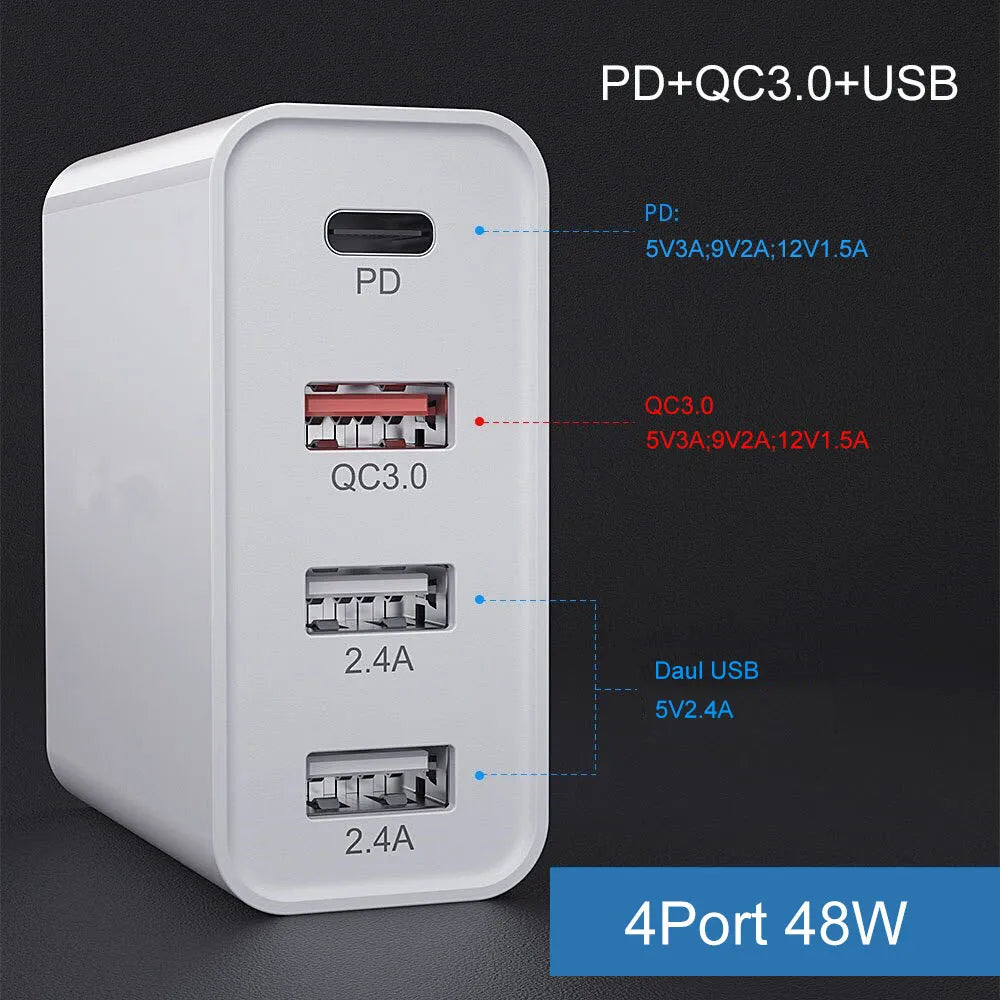 Fast charging wall charger with multiple USB ports in black or white ABS plastic housing