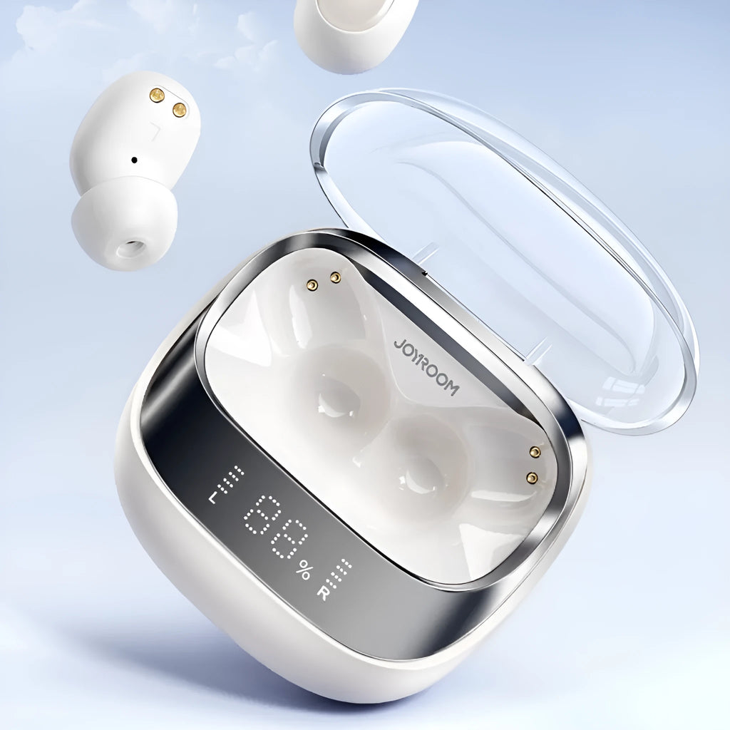 Dawn white wireless in-ear Bluetooth headphones with a matching charging case on a table.