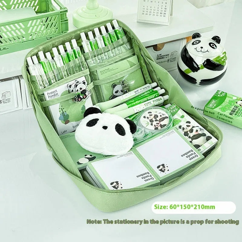 Green canvas panda pencil case with 12-layer organisation showing Korean style design