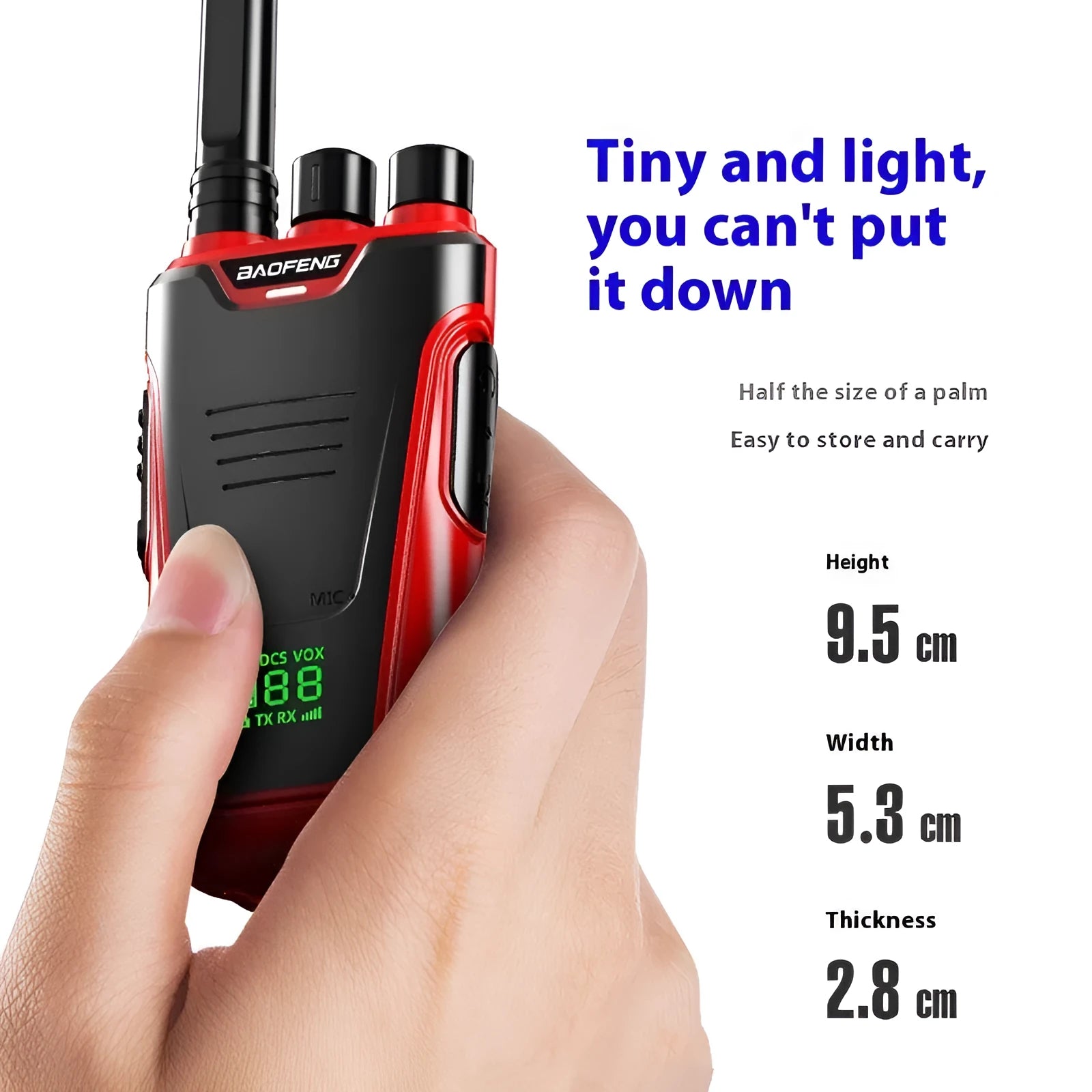 Red and yellow high power children's intercom measuring 95x53x28mm with USB charging