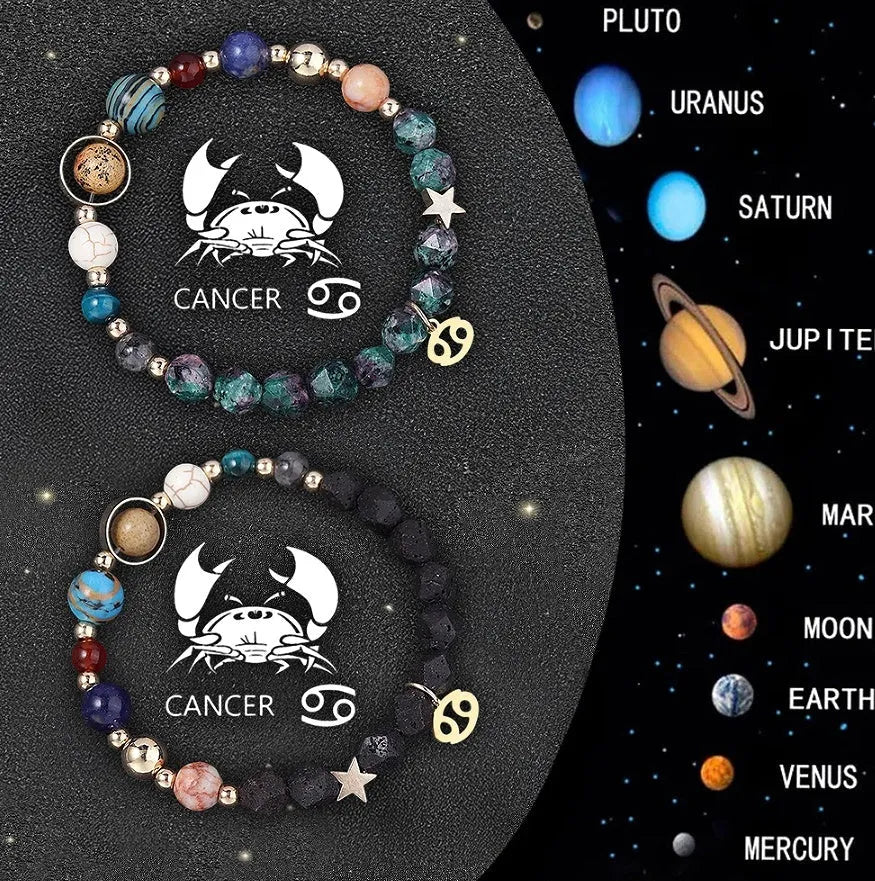 Set of two natural stone beaded bracelets showcasing designs for the twelve zodiac signs.