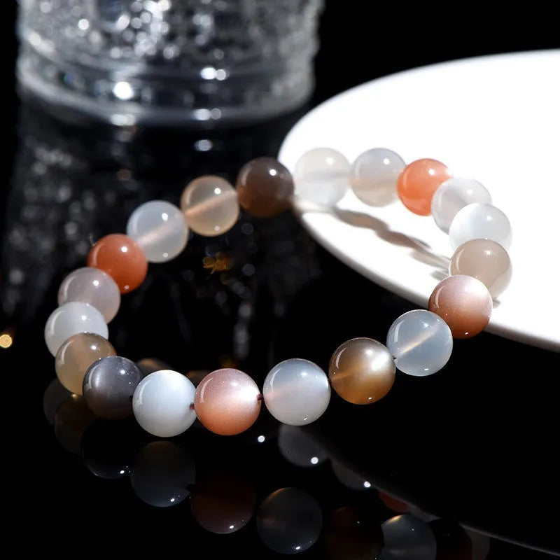 Moonstone bracelet with colourful natural moonlight patterns, 8mm single circle construction