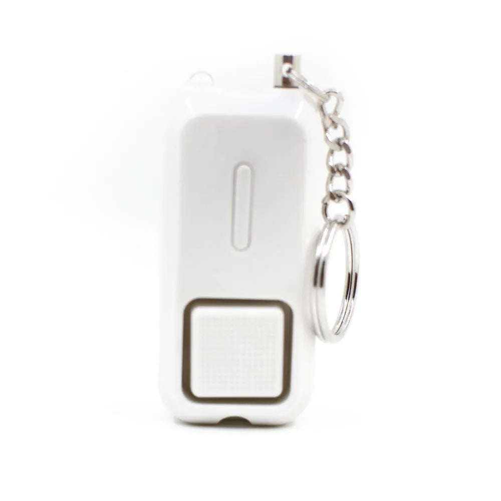 Pink personal safety alarm keychain with button, shown next to its white product box.