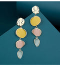 Morandi three-colour dripping oil finish alloy disc earrings on a sterling silver post.