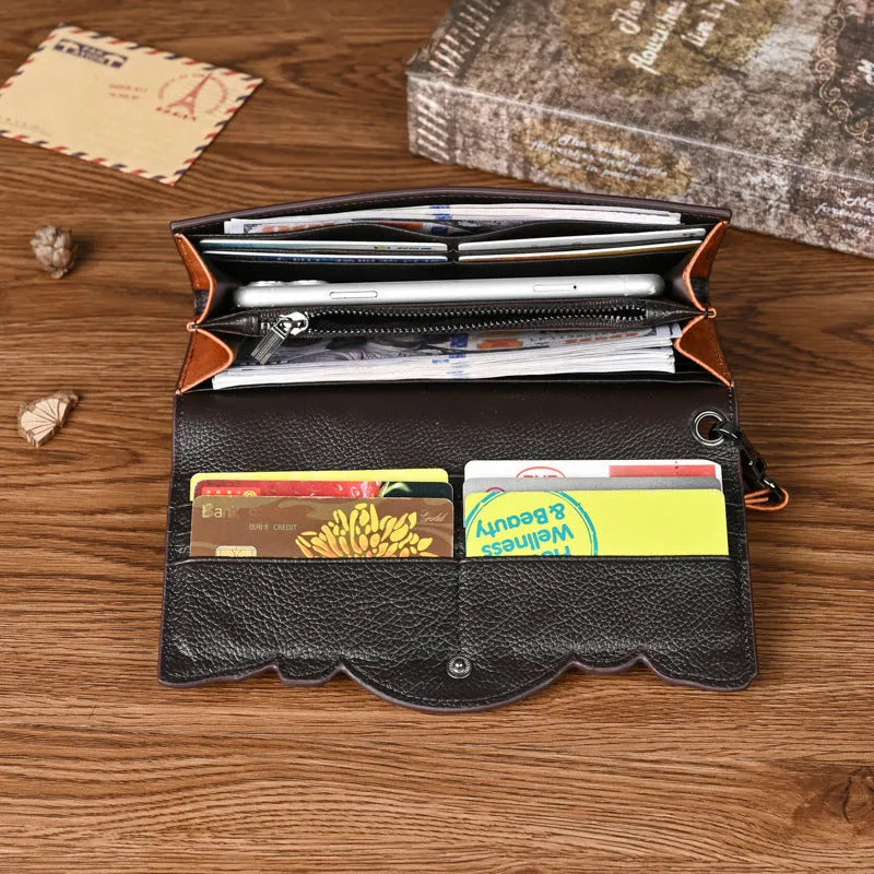 Chinese style embossed tri-fold leather wallet in retro brown colour showing floral pattern