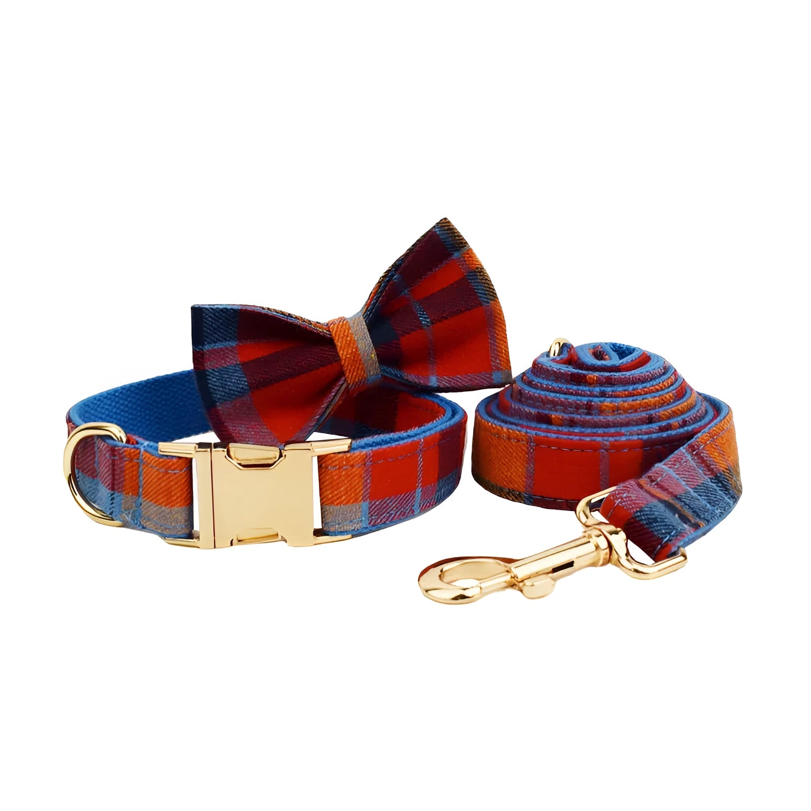 Blue velvet plaid dog collar and leash set with matching bandana accessory on adjustable cloth collar