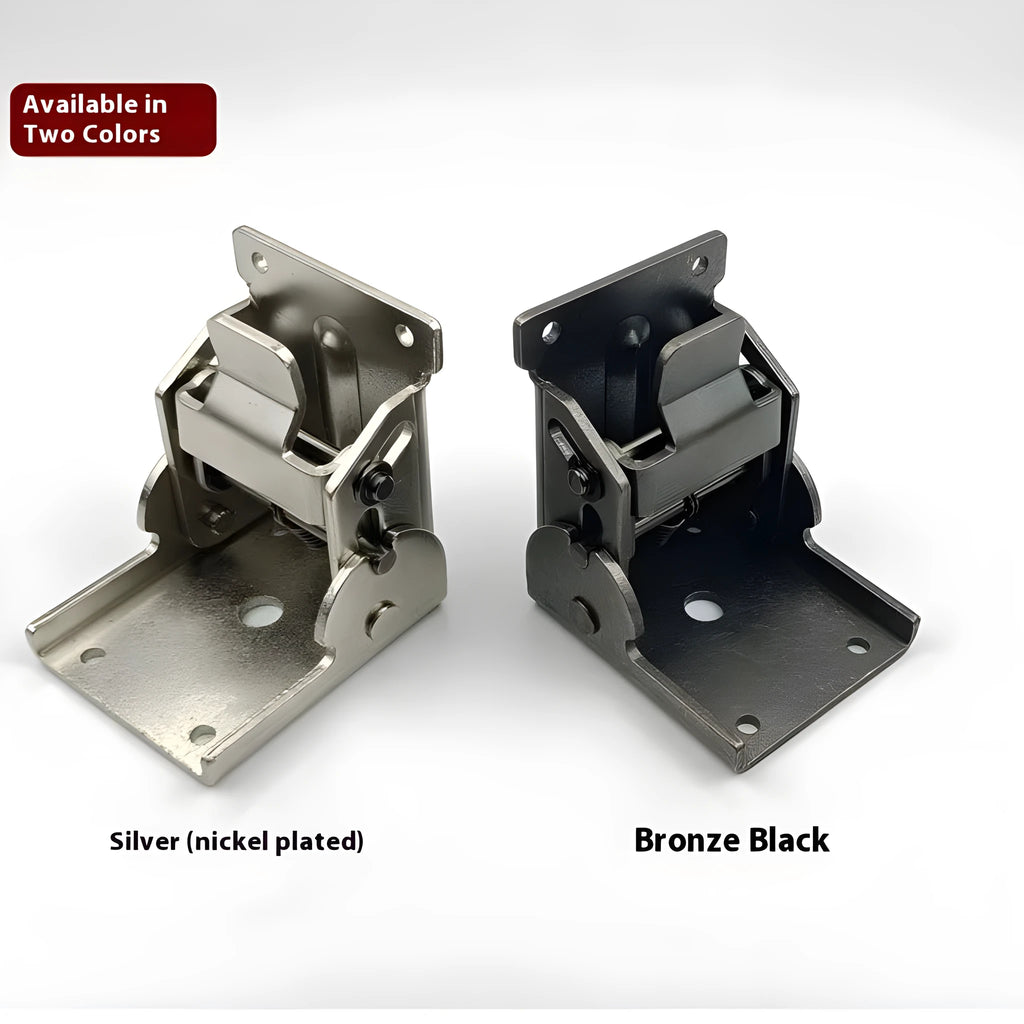 Folding furniture hinge with self-locking mechanism in multiple electroplated finishes including black bronze and matte black.