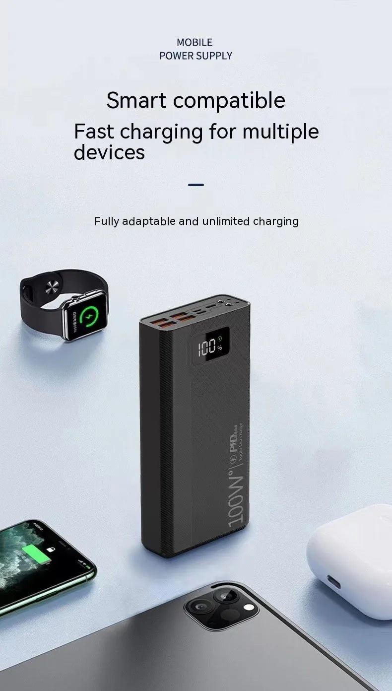 Large capacity power bank in black or white with plastic shell, dimensions 150×76×30-50mm