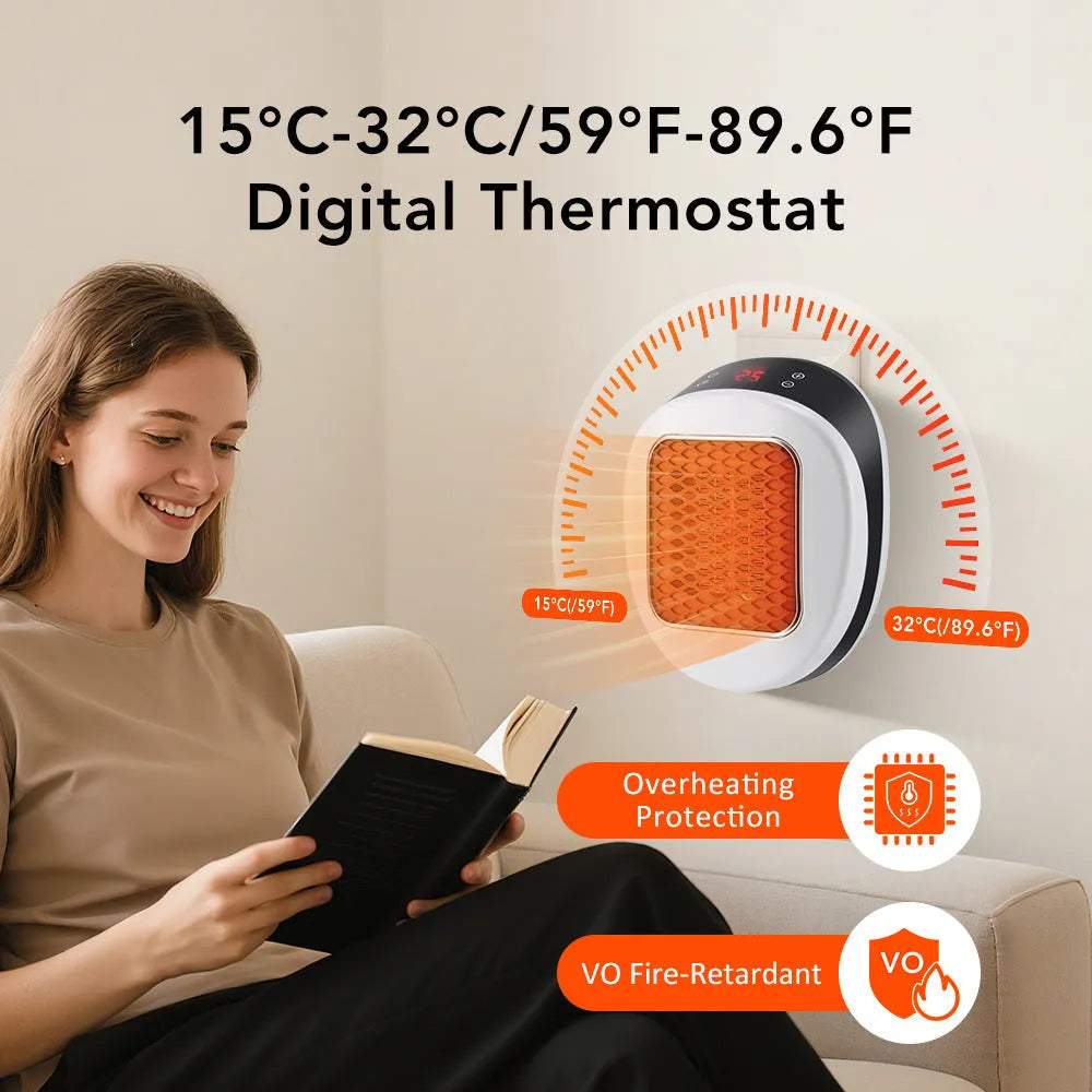 White ceramic electric heater with remote control on a table, dual voltage for EU and US plugs.