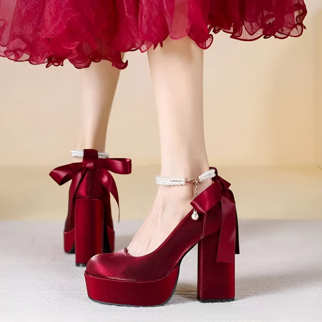 Women's waterproof platform wedding shoes with thick chunky heel in wine red colour with buckle detail