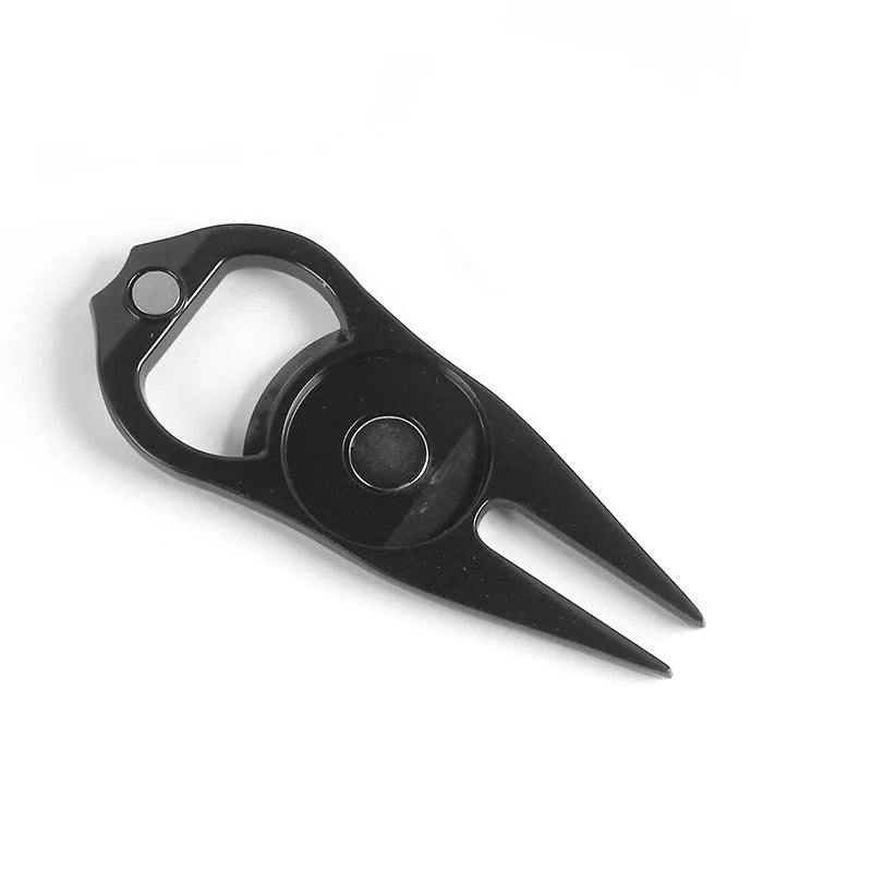 Zinc alloy golf ball yoke and bottle opener tool in black, green, and silver colour options
