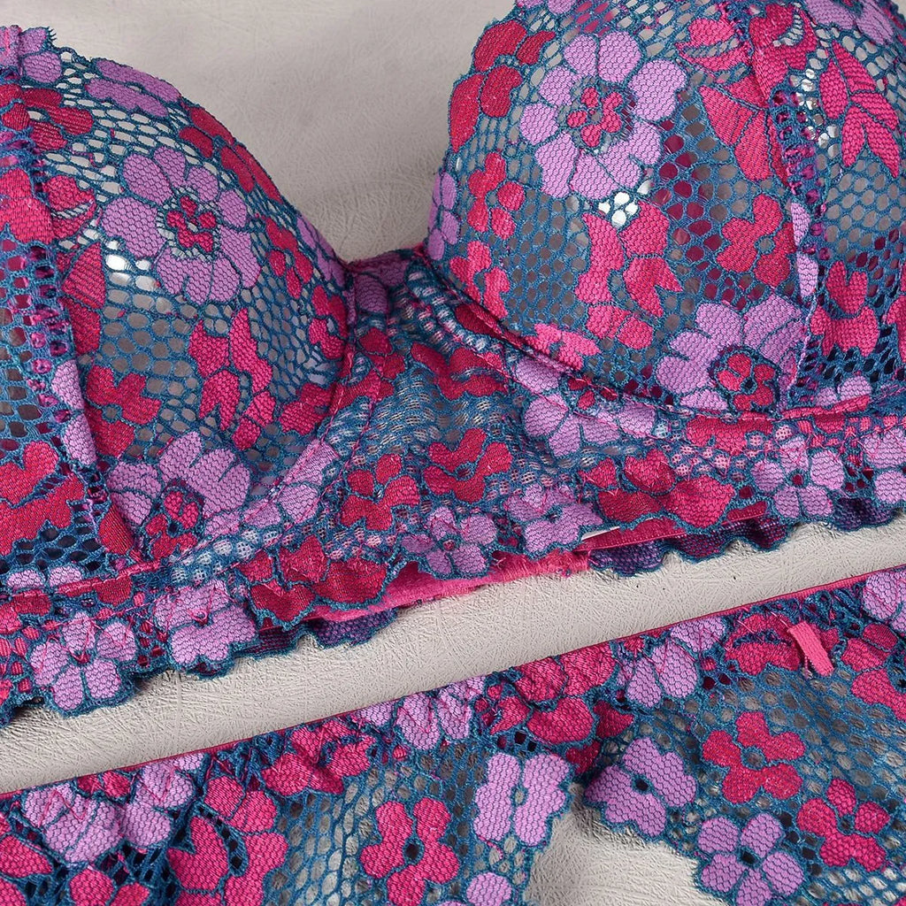 Women's rose red embroidered bikini set with contrast colour details