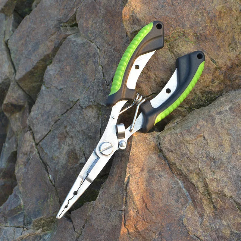 Medium straight mouth fishing pliers with integrated hook tool showing SS420 steel construction and colour-coded ABS handles