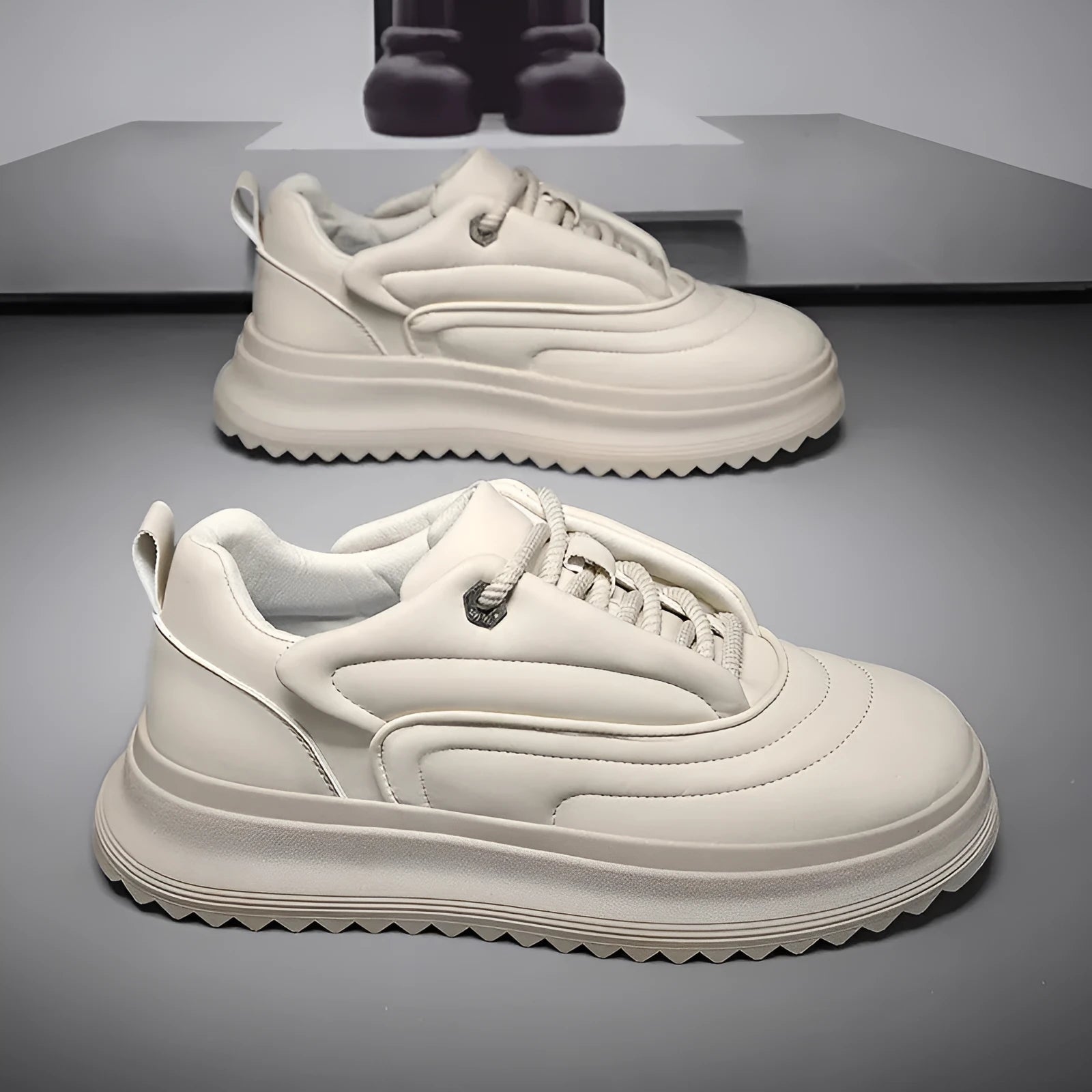 PU leather casual loafers with a thick sole and low heel for height increase, shown in multiple colour options.