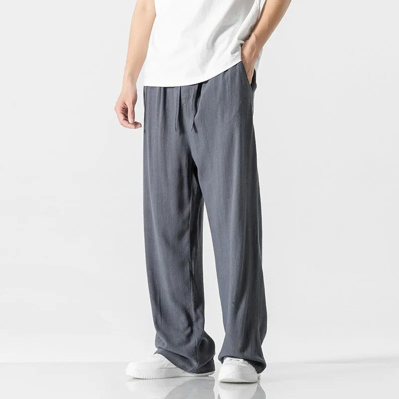 Men's loose straight-leg linen trousers in bamboo fibre fabric with drawstring waist