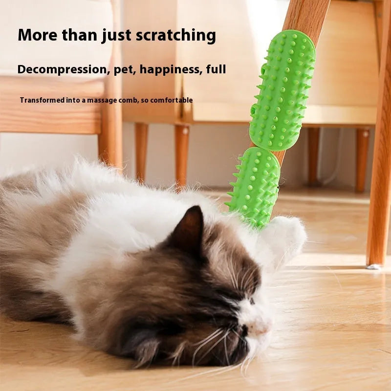 Silicone cat scratching comb with rounded teeth and adjustable strap in black, green, pink, or yellow colour.