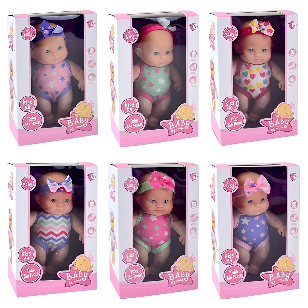 Simulation baby vinyl figurine doll in display showing realistic details and 21.5cm height