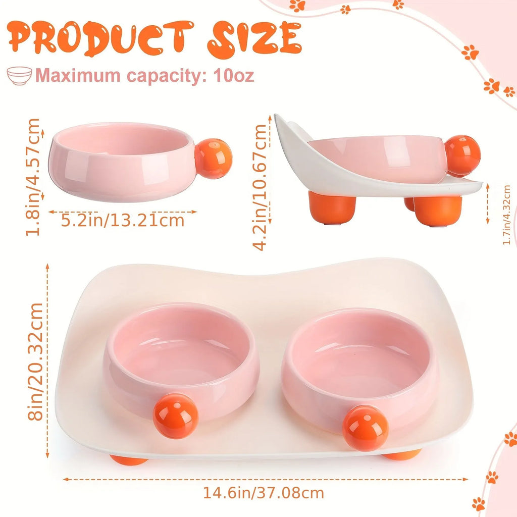 Ceramic raised pet feeding bowl set with two bowls and non-slip silicone supports in yellow colour