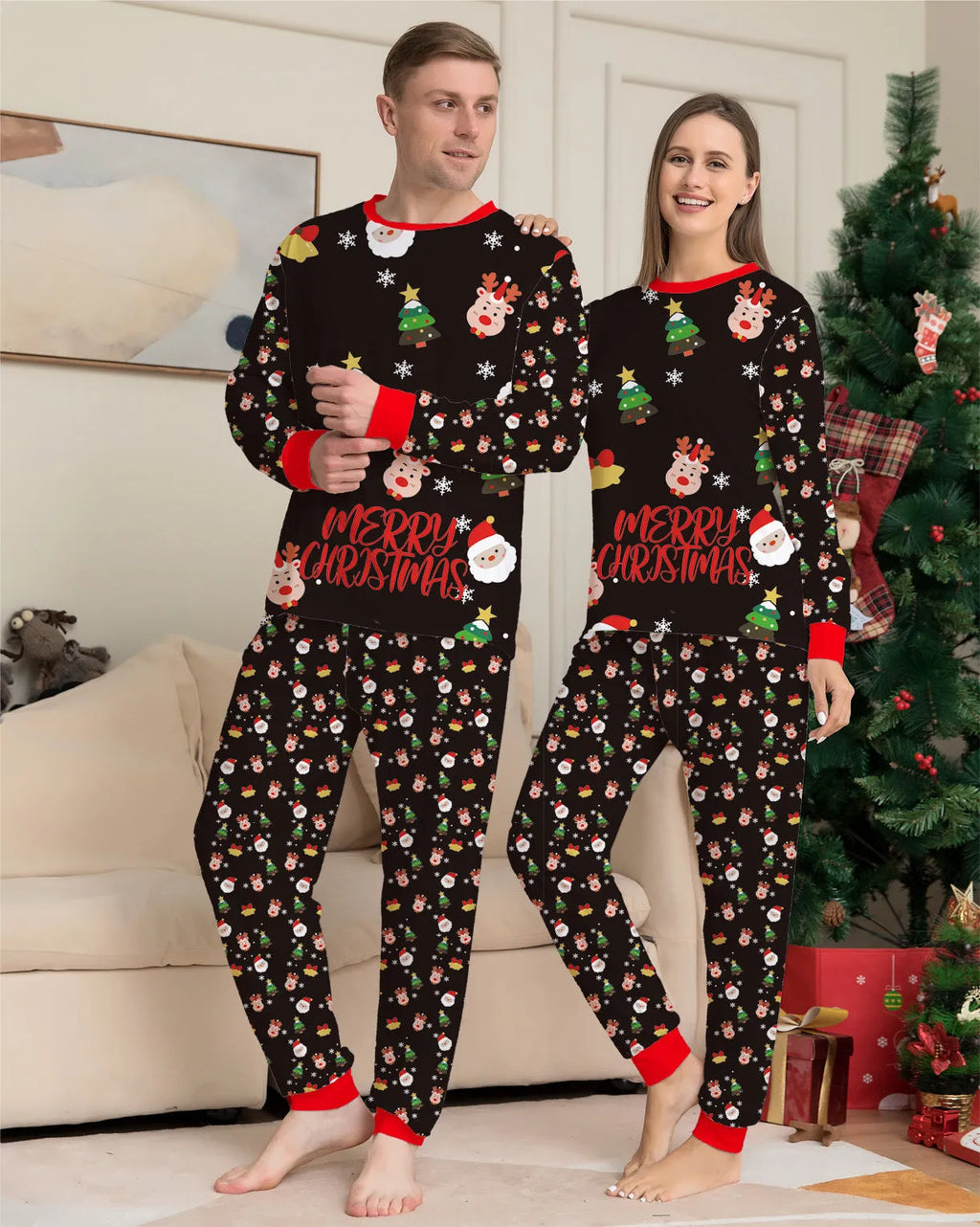 Family wearing matching red plaid Christmas pyjamas with a dog in a matching set.