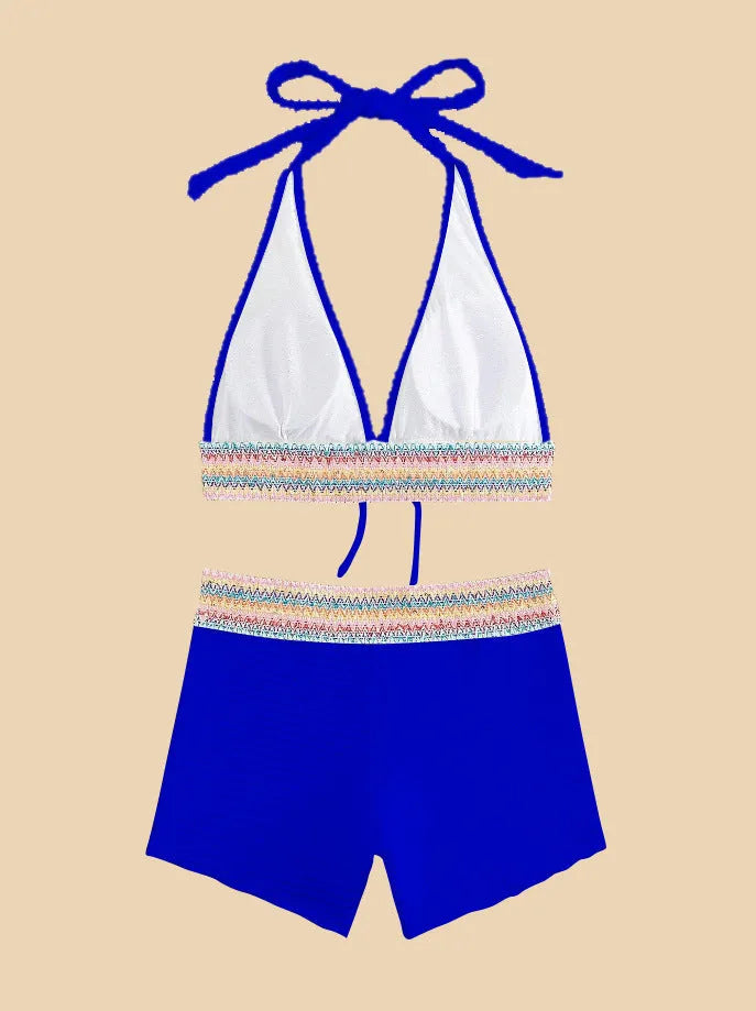 Women's high-waisted bikini swimsuit in polyester with striped or solid pattern in multiple colours